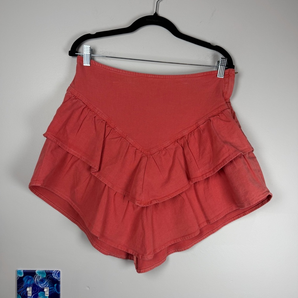 Mother The Ruffle Mini Skirt Hot Coral Pink Asymmetrical Festival Denim Size 32